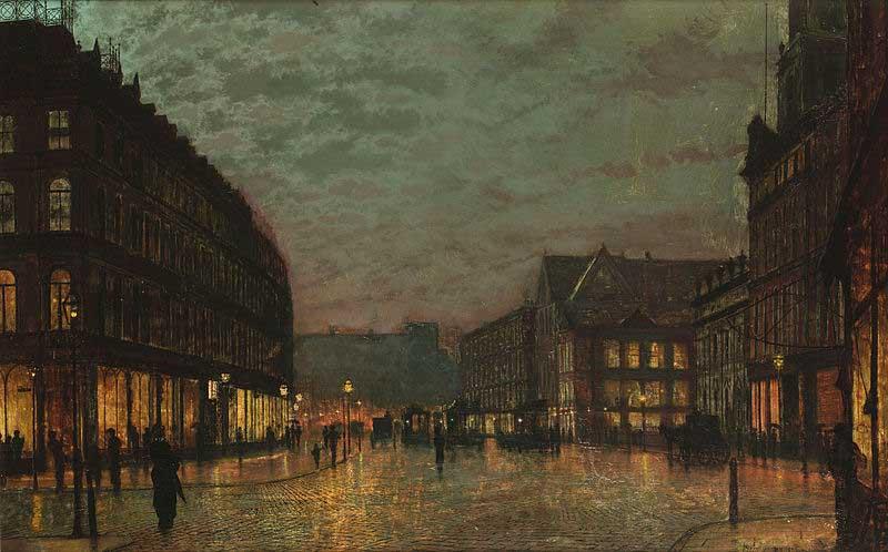 John Atkinson Grimshaw Boar Lane, Leeds, by lamplight. Signed and dated 'Atkinson Grimshaw 1881+' (lower right) signed and inscribed with title on reverse oil painting image